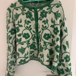 Green and Cream Floral Knit Cardigan Sweater